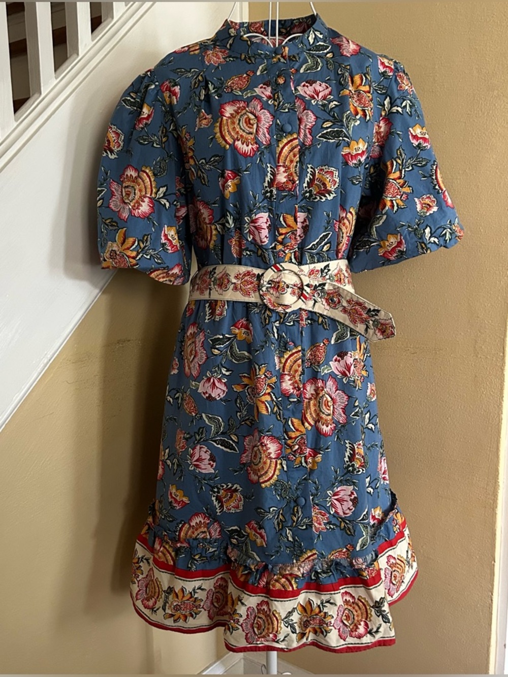 Joie Blue Floral Puff-Sleeve Buttoned Dress with Belt
